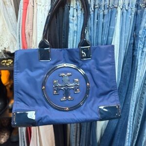 Tory Burch Blue Tote Bag with Signature Logo and Black Accents